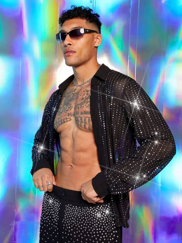 Uptown Funky Straight Stripe Black & Silver Mesh Oversized Long Sleeve Shirt Men's
